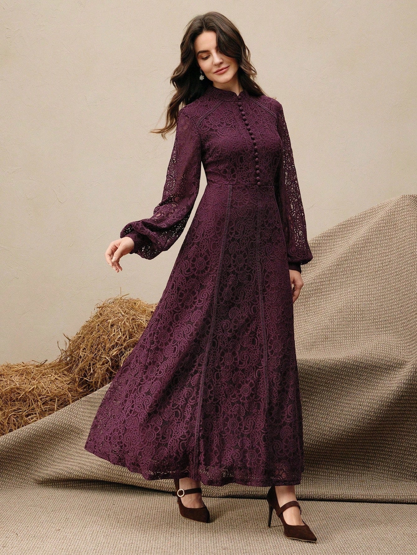 Long‑Sleeve Rose Lace Maxi Dress – Purple