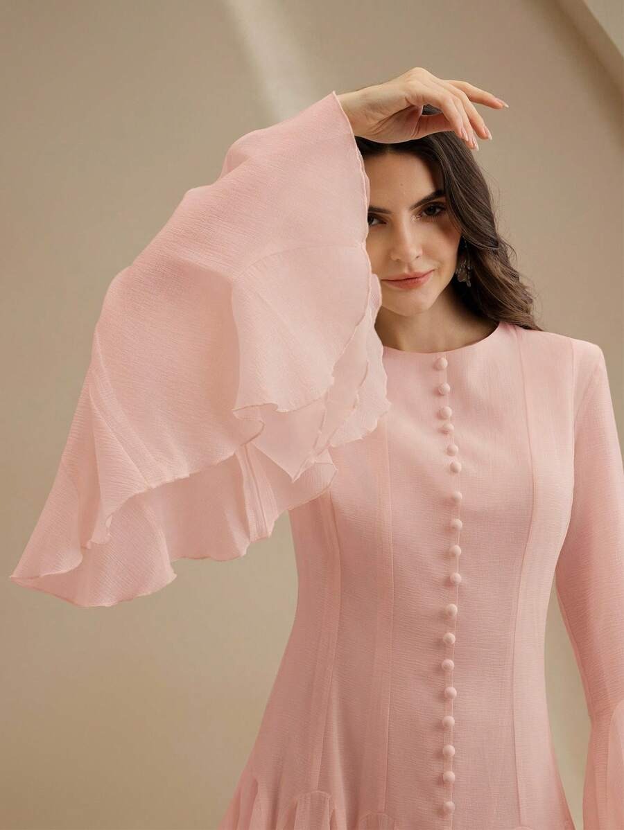 Pink Long‑Sleeve Flared Midi Dress with Button Flare Sleeves