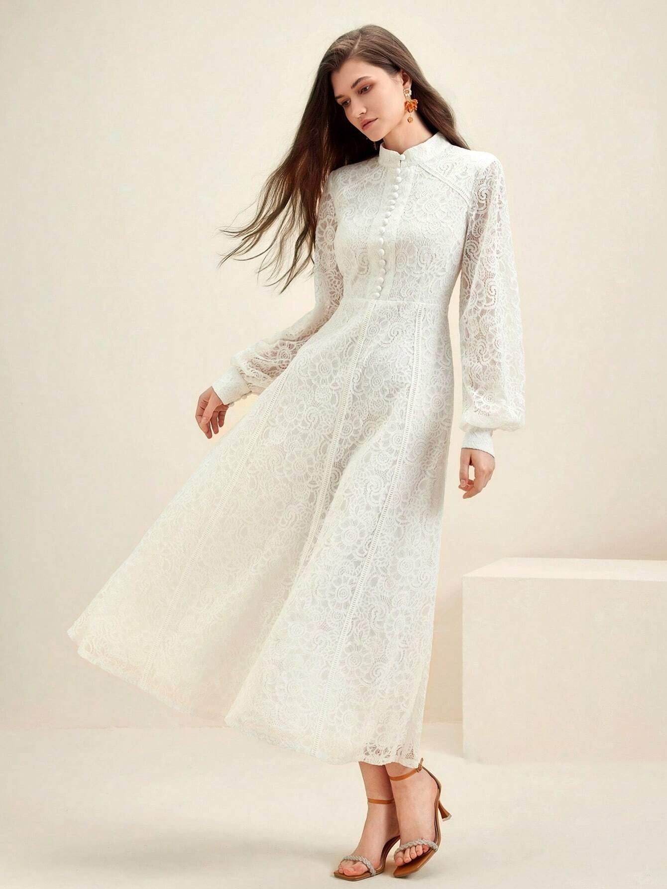 Long‑Sleeve Rose Lace Maxi Dress – White