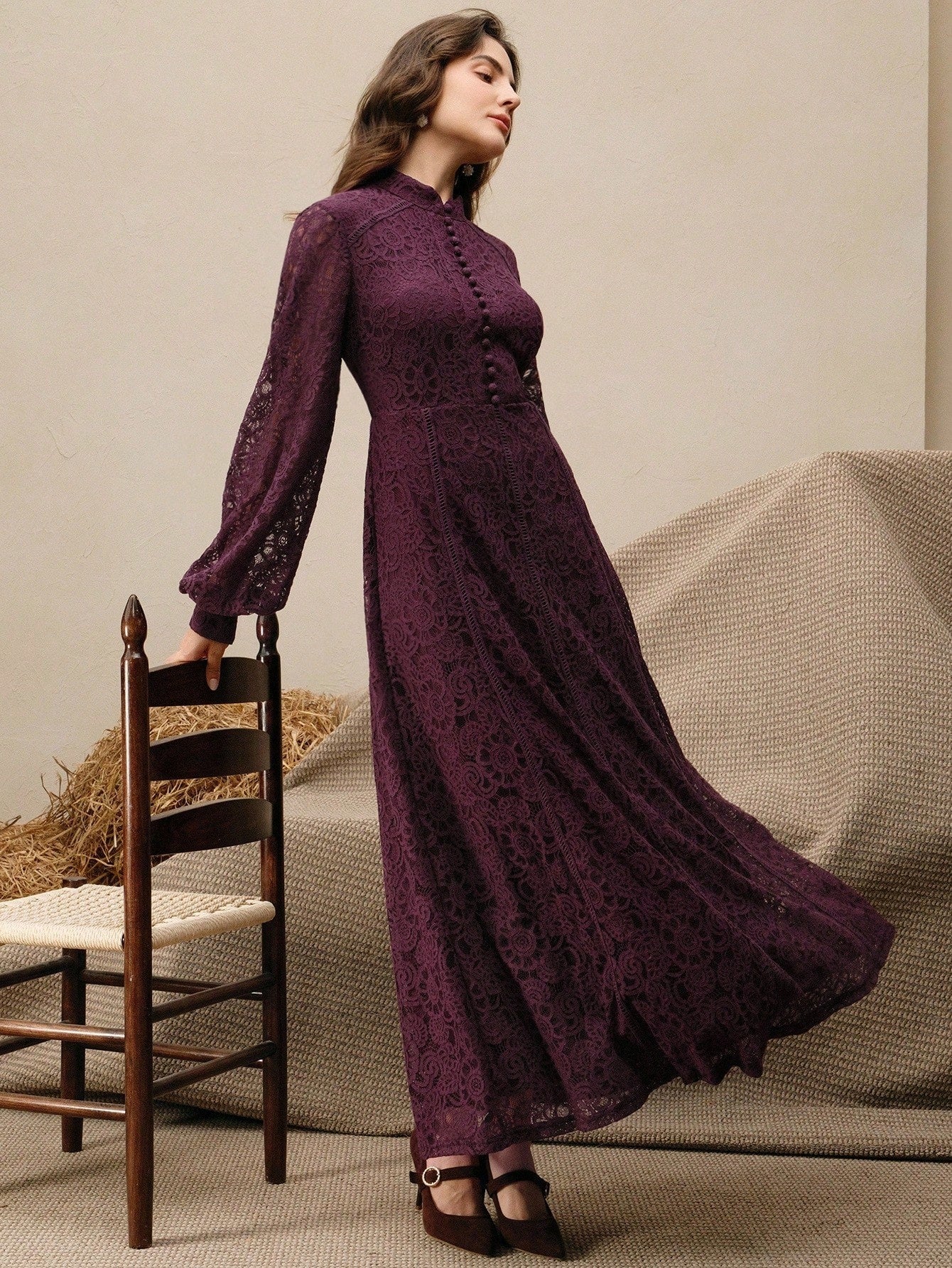 Long‑Sleeve Rose Lace Maxi Dress – Purple