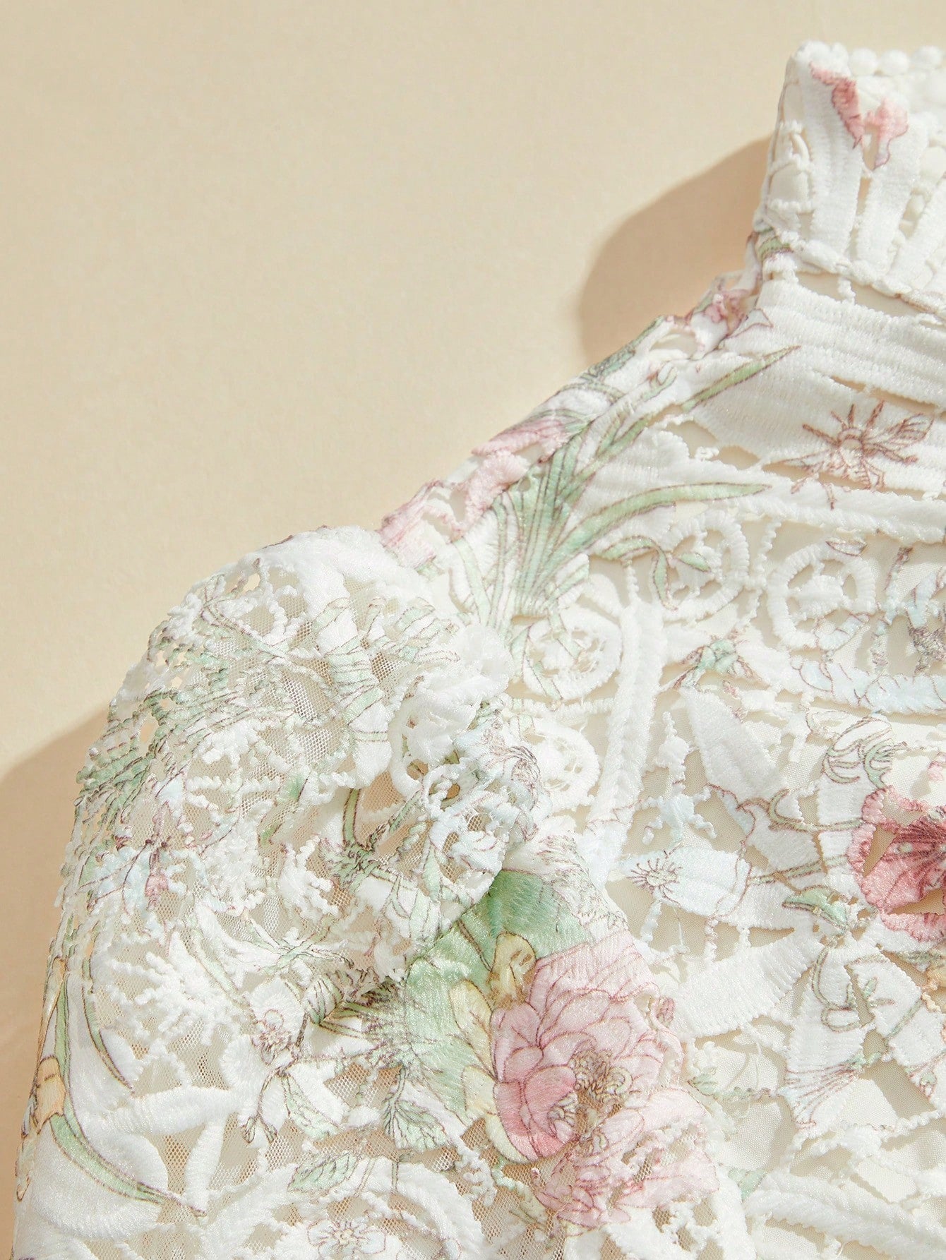 Watercolor Print Patchwork A-Line Dress with Lantern Sleeves & Embroidered Collar