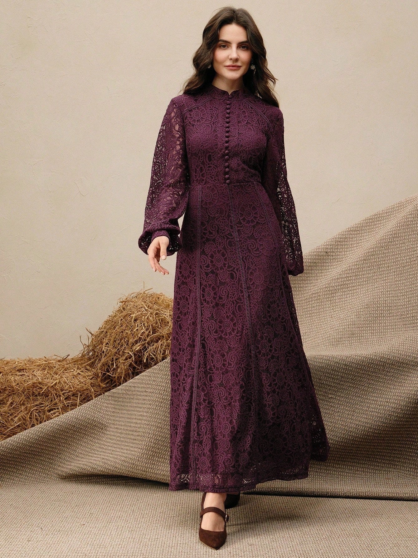 Long‑Sleeve Rose Lace Maxi Dress – Purple