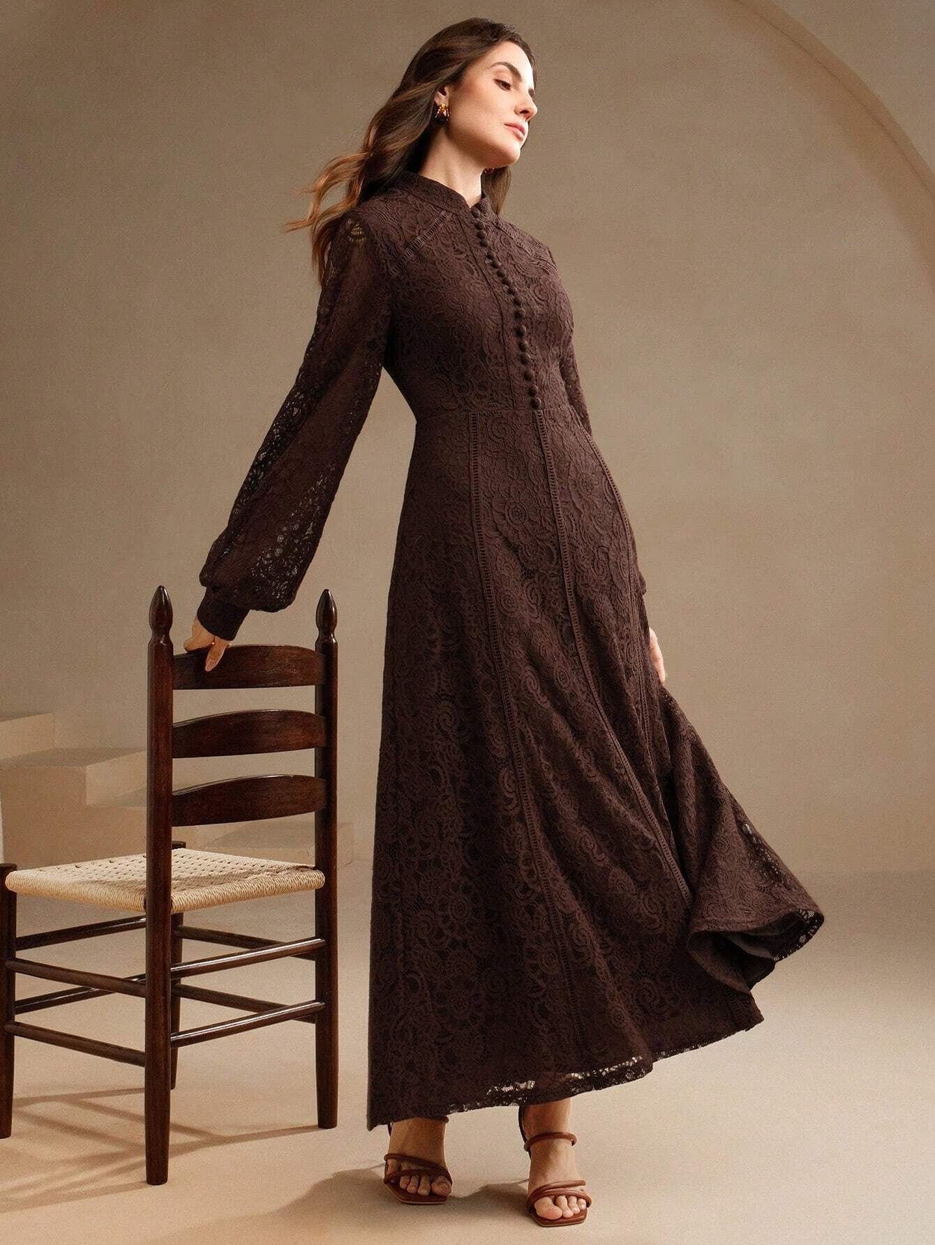 Long‑Sleeve Rose Lace Maxi Dress – Brown