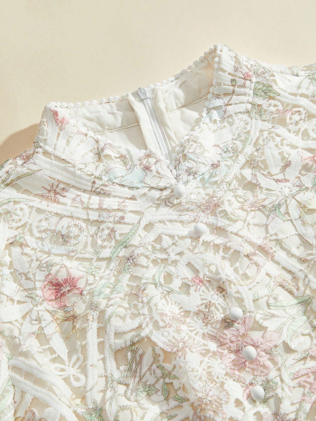 Watercolor Print Patchwork A-Line Dress with Lantern Sleeves & Embroidered Collar