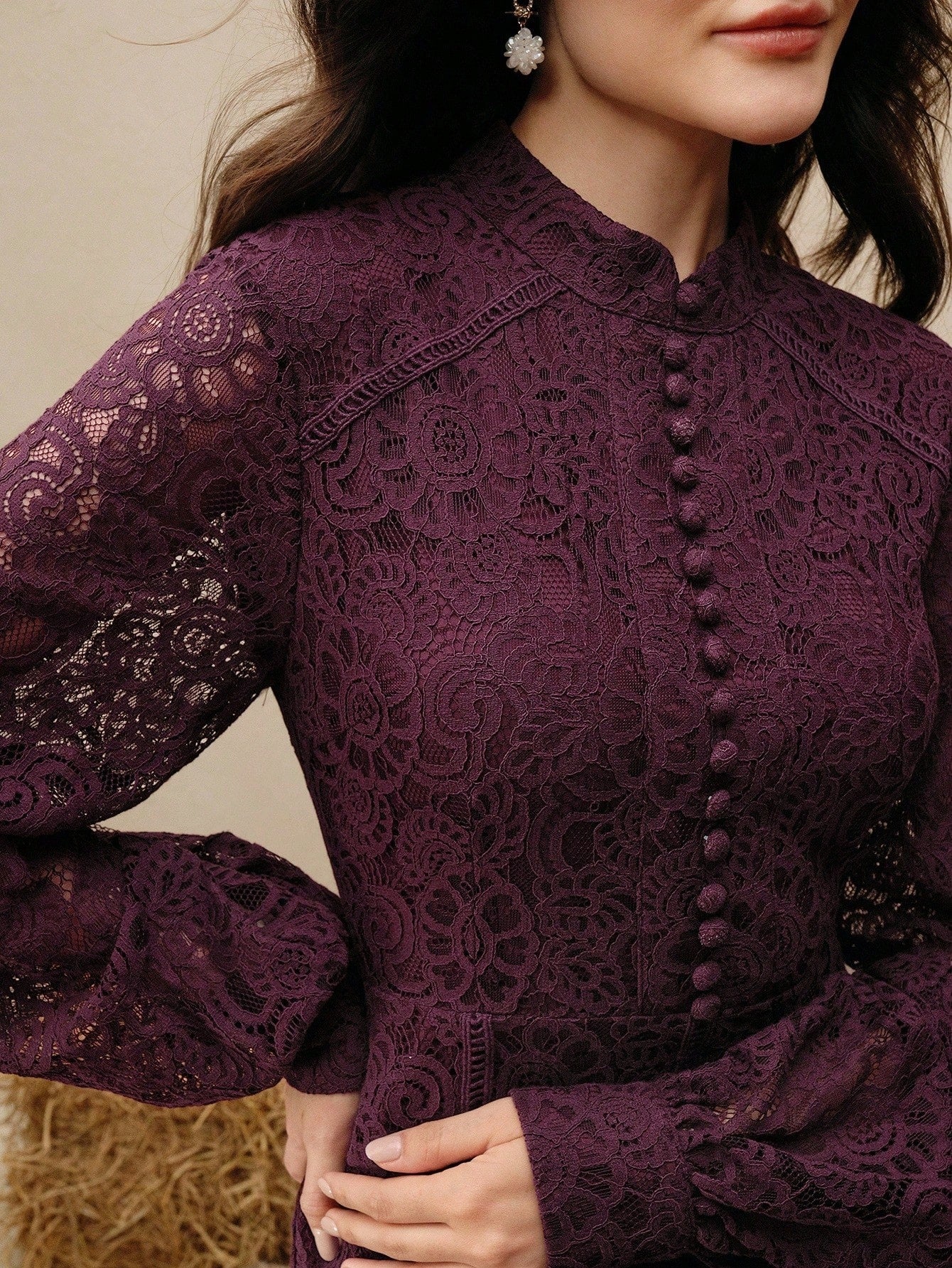 Long‑Sleeve Rose Lace Maxi Dress – Purple