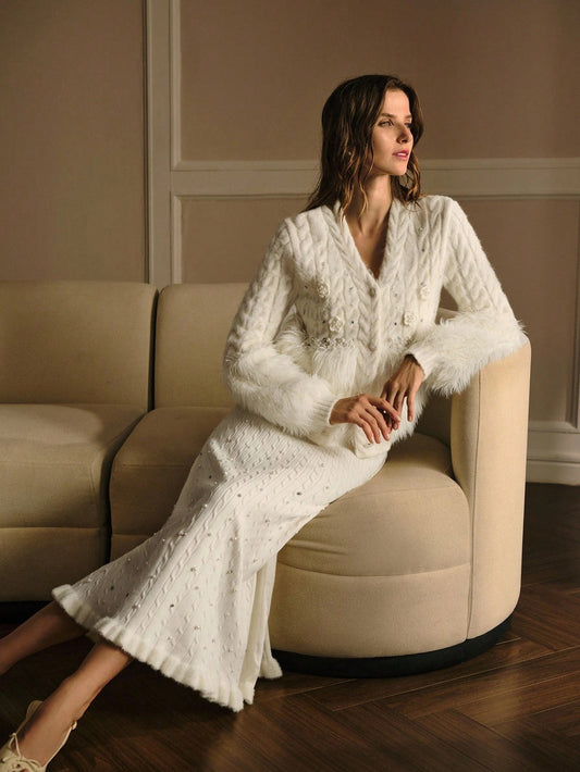 Premium Faux Pearl & Rhinestone Sweater Skirt