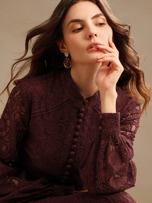 Long‑Sleeve Rose Lace Maxi Dress – Burgonya