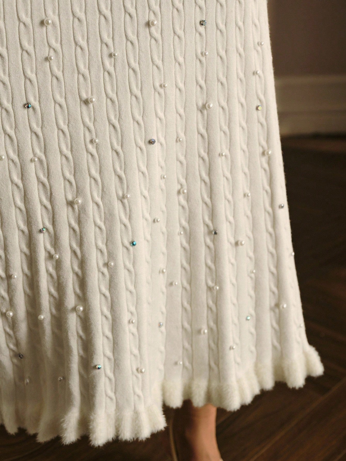 Premium Faux Pearl & Rhinestone Sweater Skirt