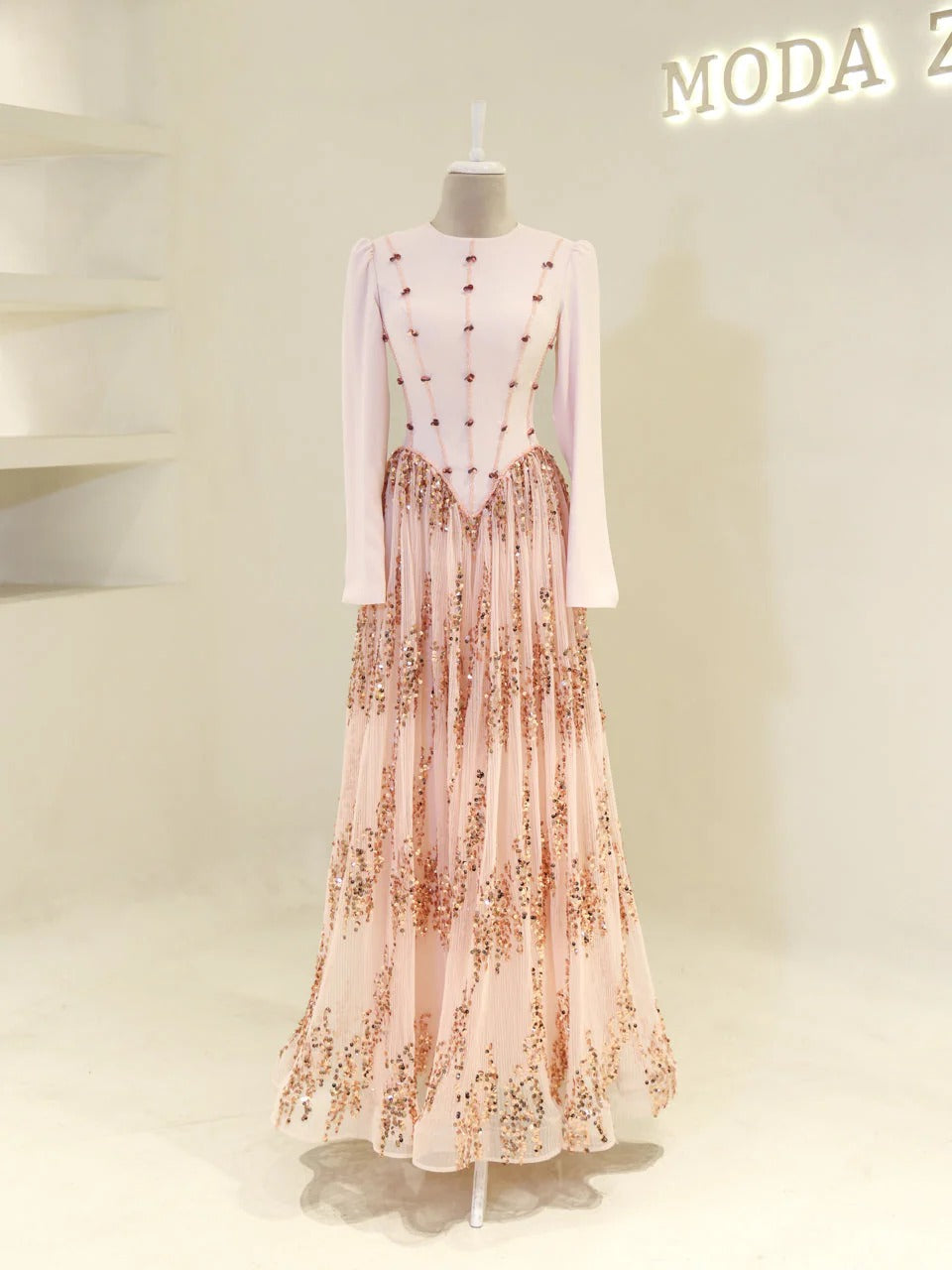 Nada Satin and Tulle Modest Evening Dress -Poudra