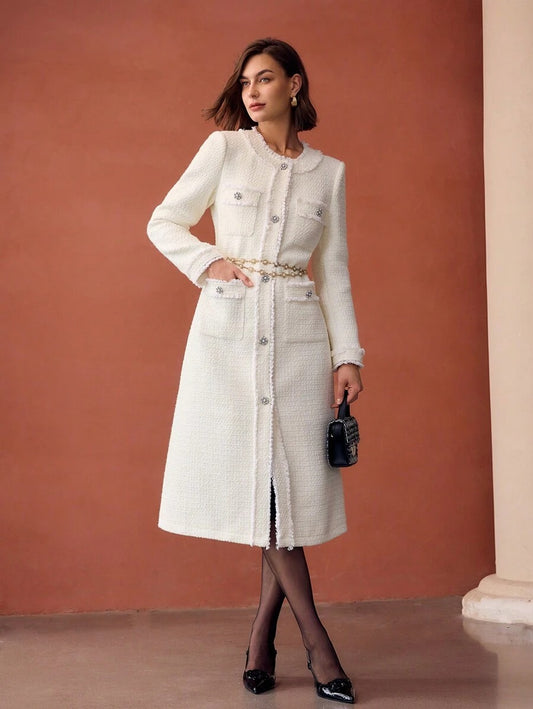 Tweed Solid Long Coat with Raw