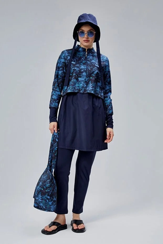 Midnight Blue Patterned Full Coverage Burkini - 3 Piece Zip-Up Swimsuit