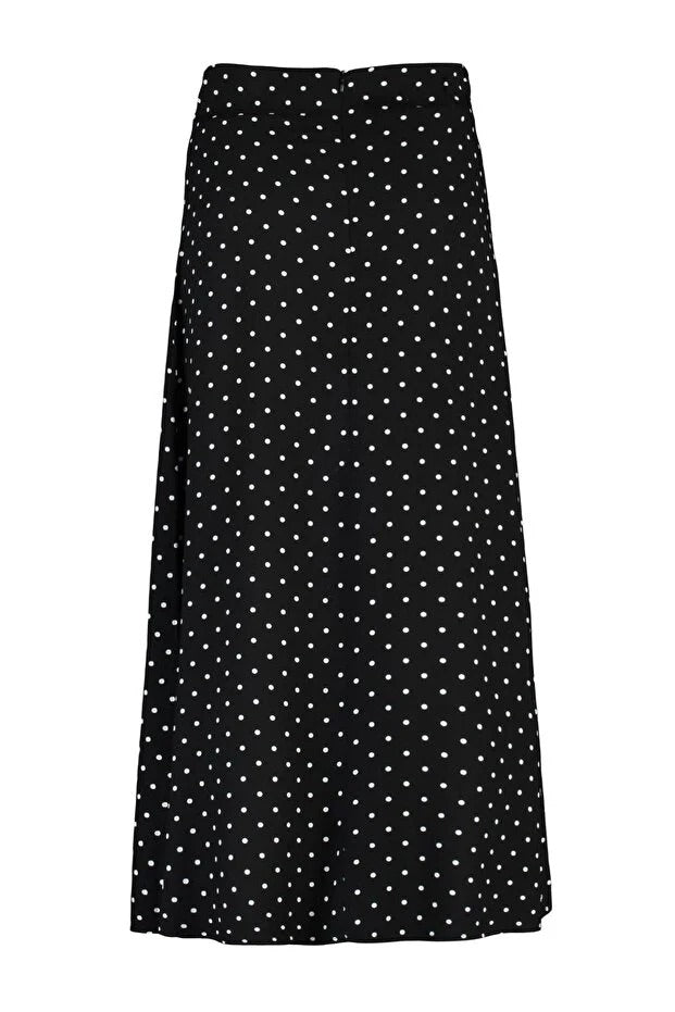 Black & White Polka Dot 100% Viscose Midi Skirt — Modest High-Waist A-Line