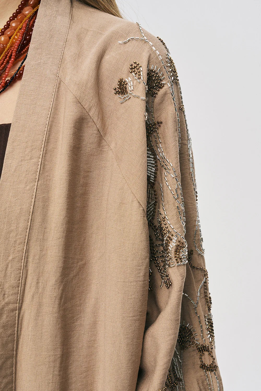 Limited Collection Oriental Bird & Floral Beaded Oversized Kimono –  Beige