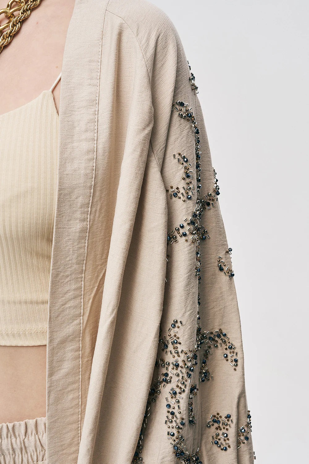 Limited Collection Sapphire Beaded Silky Viscose Oversized Kimono - Light Beige