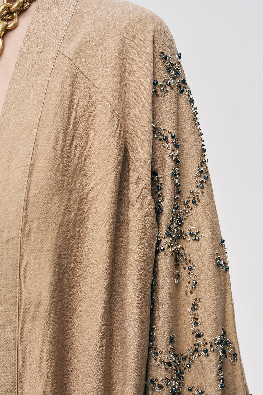 Limited Collection Sapphire Beaded Silky Viscose Oversized Kimono - Beige