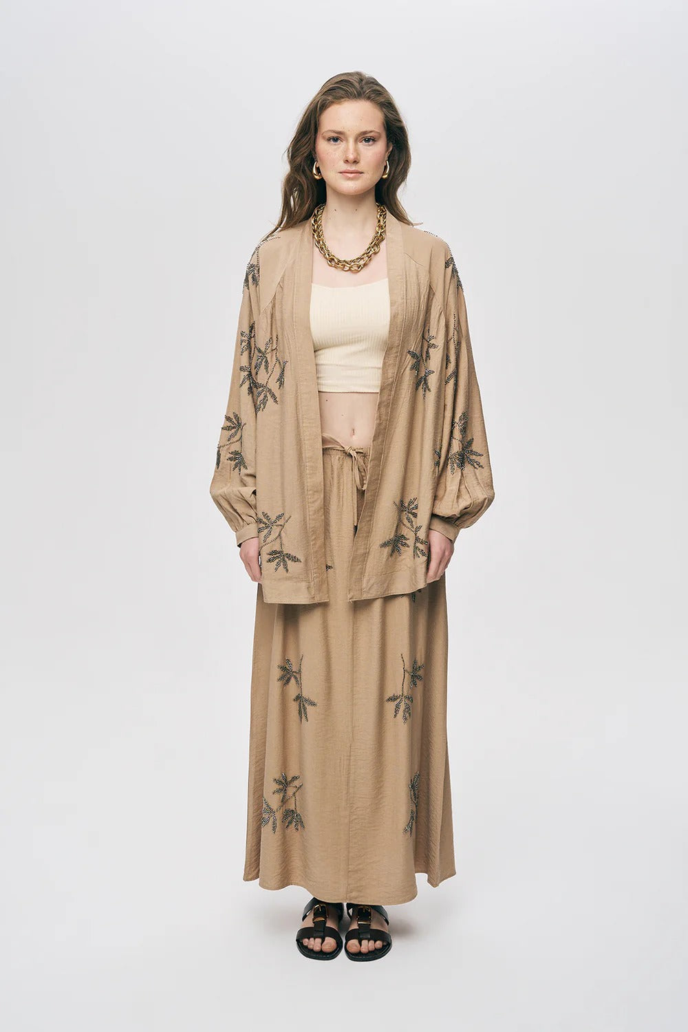 Limited Collection Leaf Embroidered Oversized Draped Kimono – Beige
