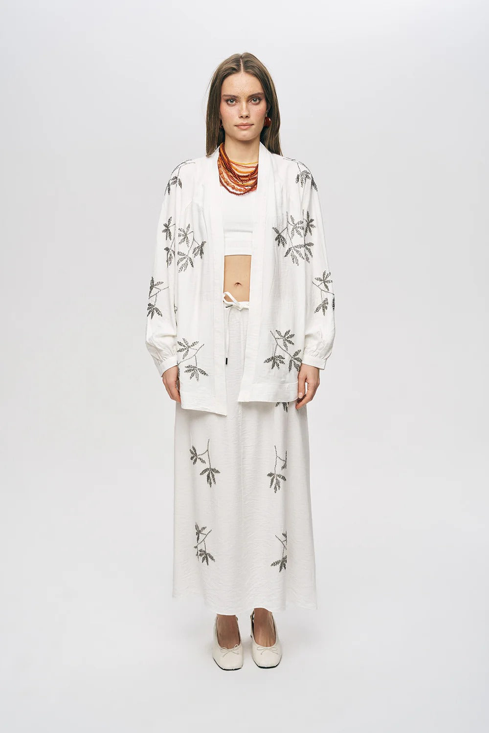 Limited Collection Leaf Embroidered Oversized Draped Kimono – Ecru