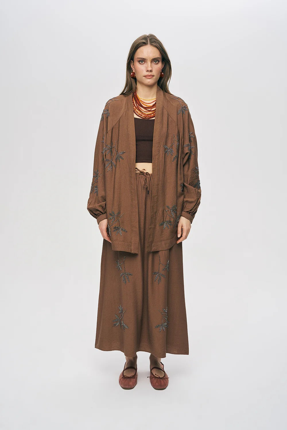 Limited Collection Leaf Embroidered Oversized Draped Kimono – Brown