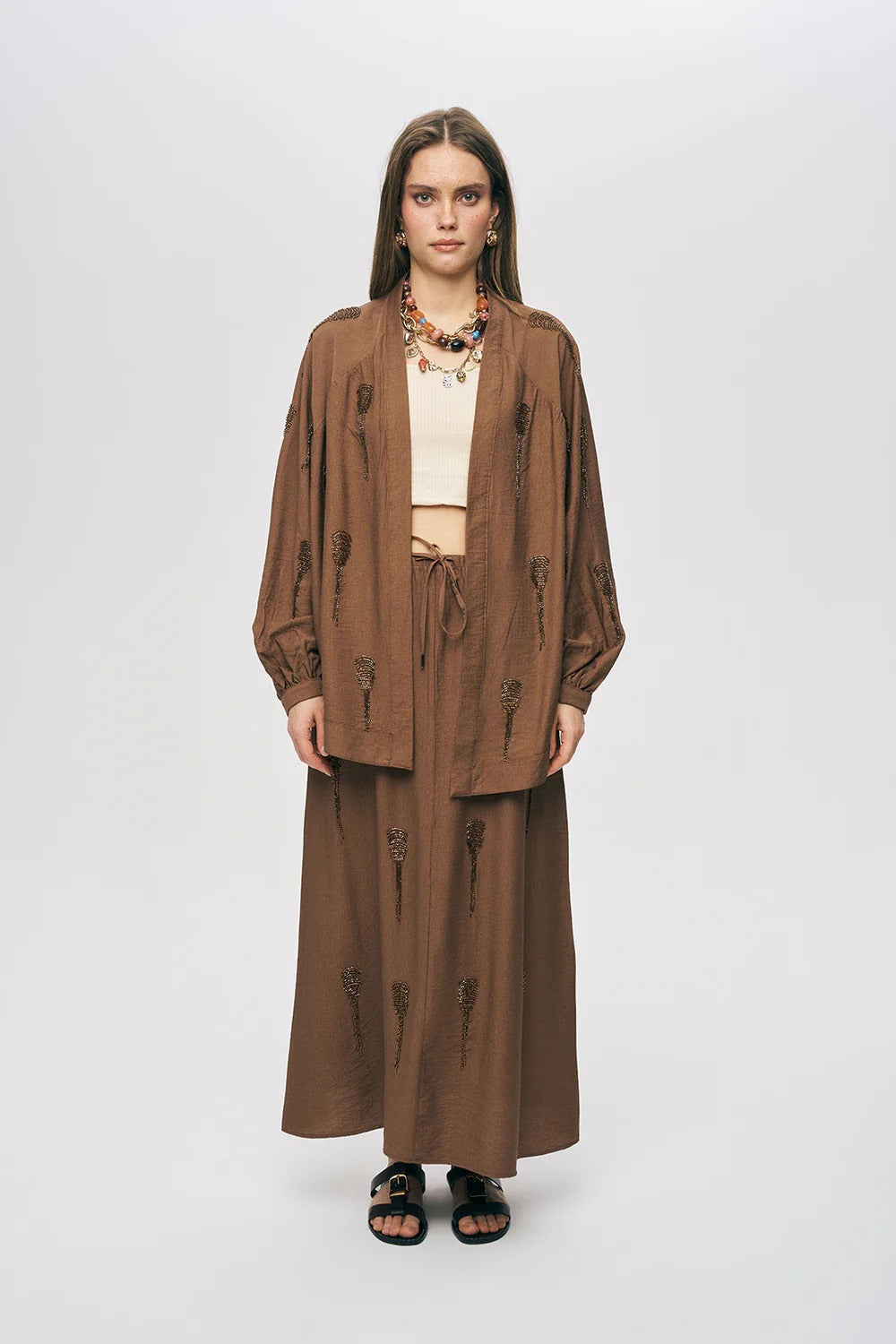Limited Collection Hand-Made Beaded Oversized Kimono –  Brown