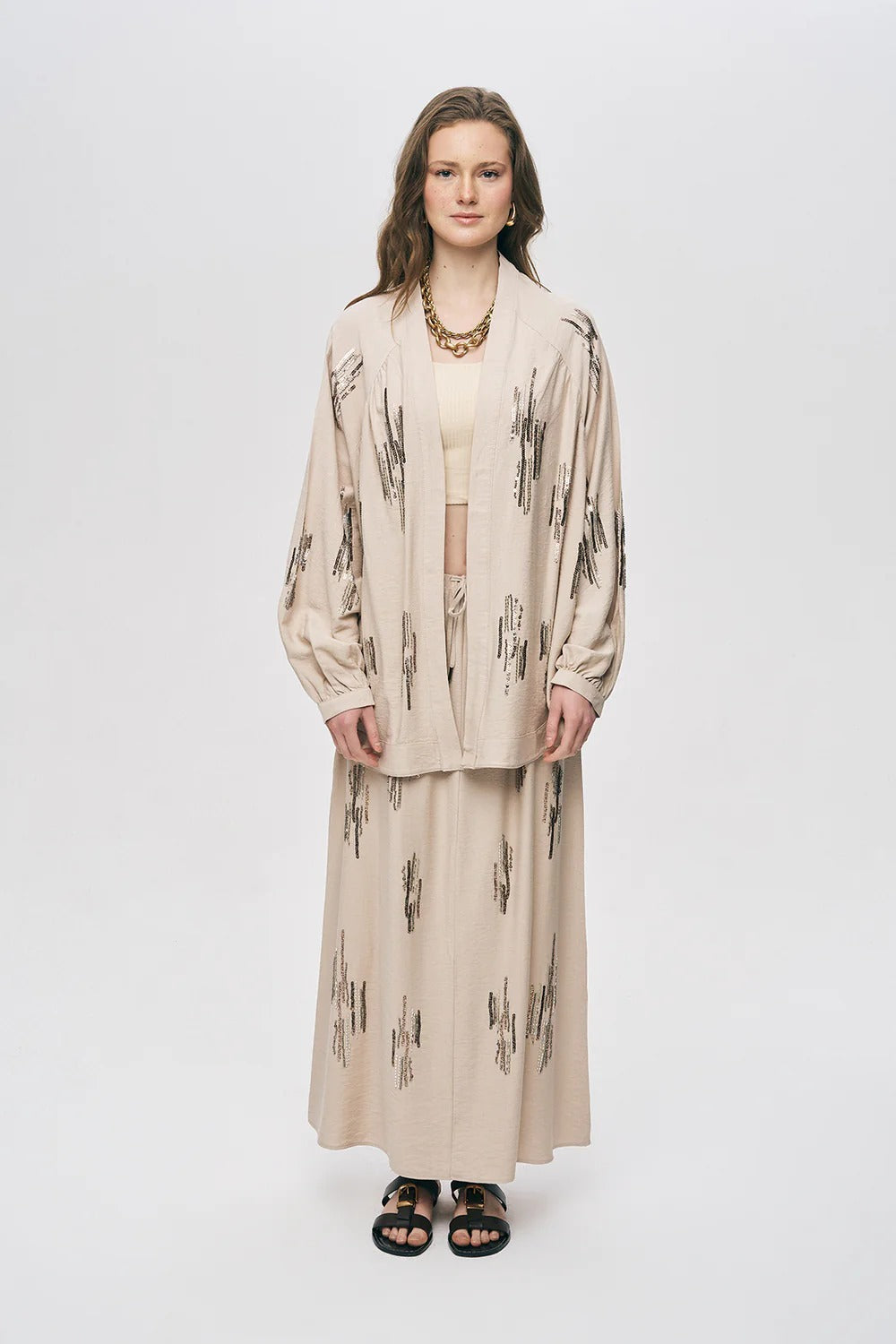 Glow Sequin & Beaded Oversized Viscose Kimono – Beige