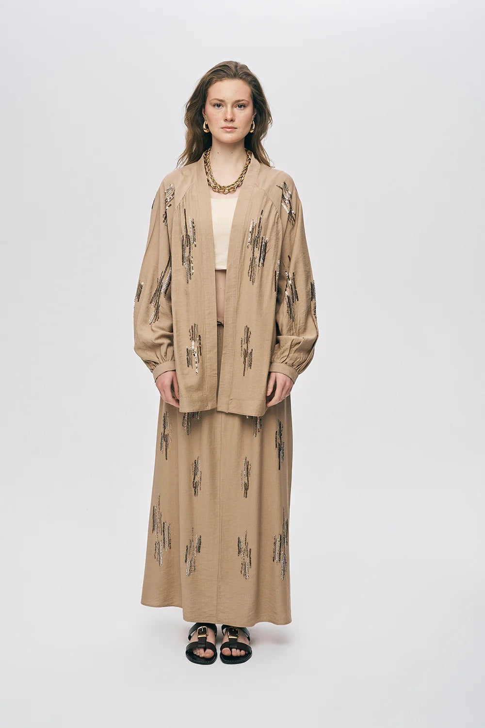Glow Sequin & Beaded Oversized Viscose Kimono – Camel
