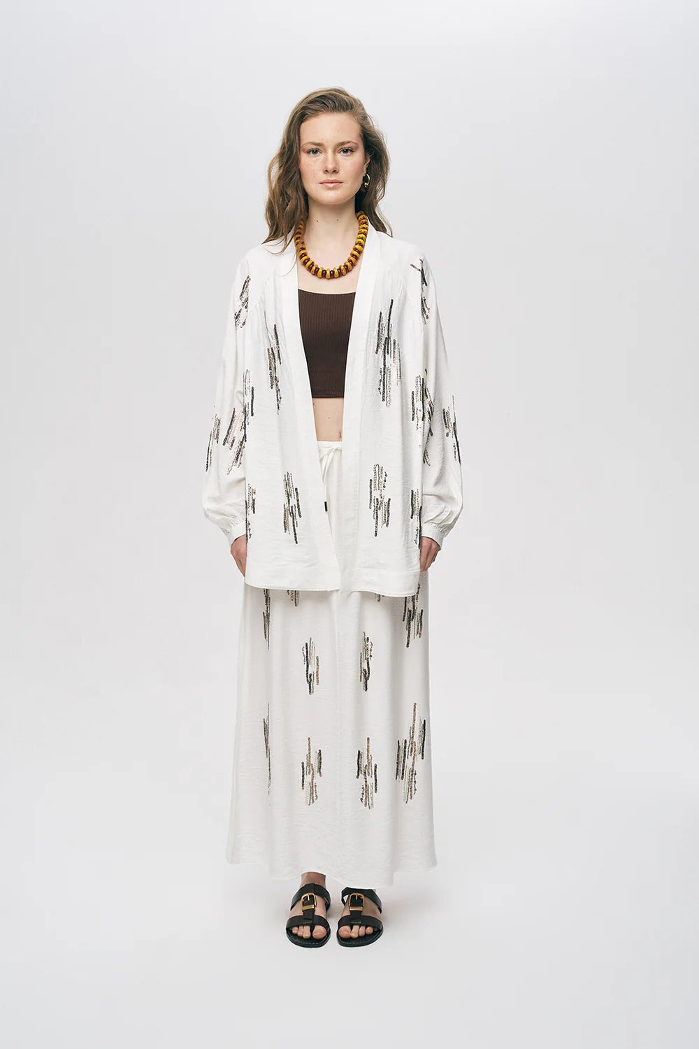 Glow Sequin & Beaded Oversized Viscose Kimono – Ecru