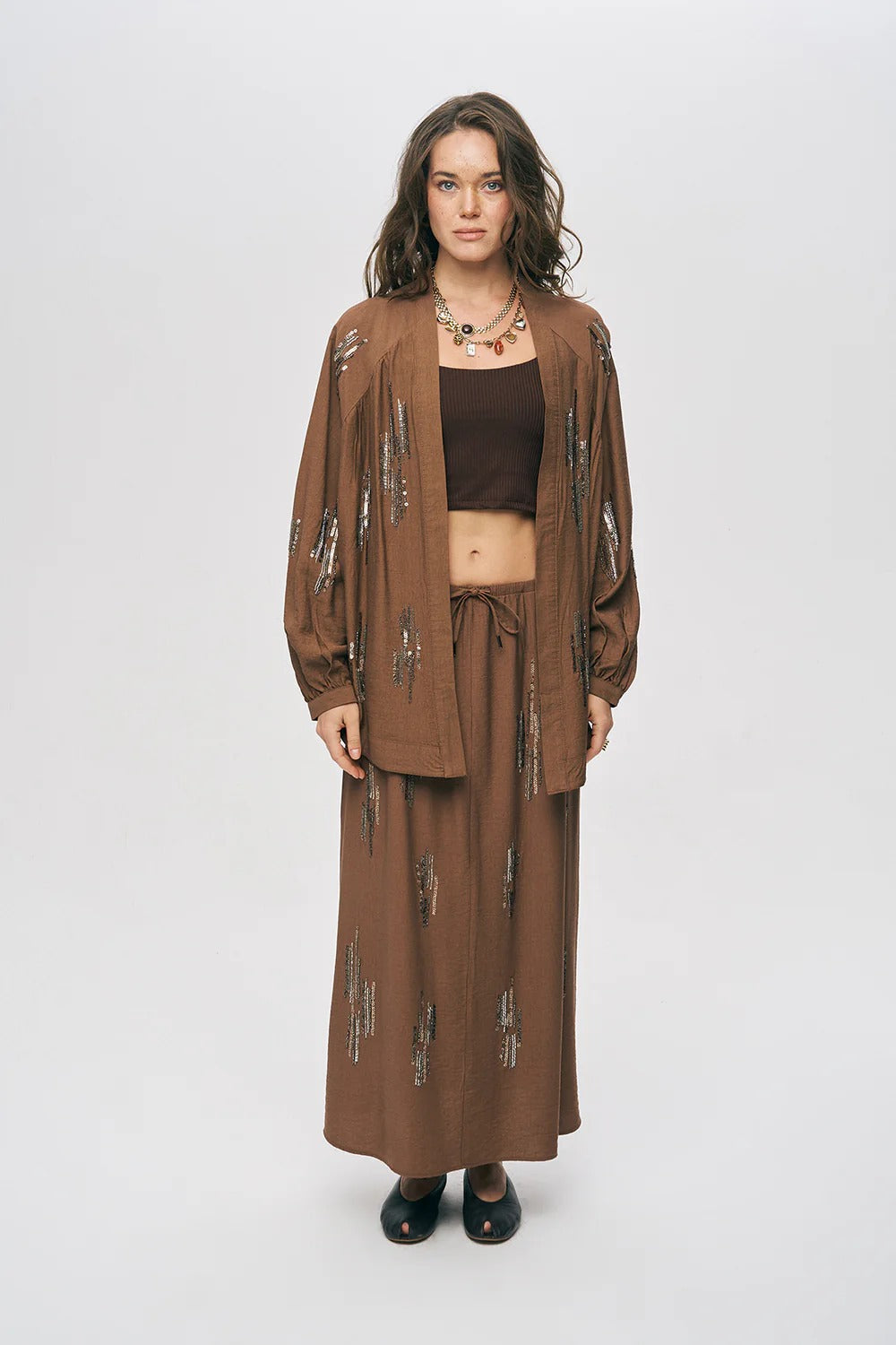 Glow Sequin & Beaded Oversized Viscose Kimono – Brown