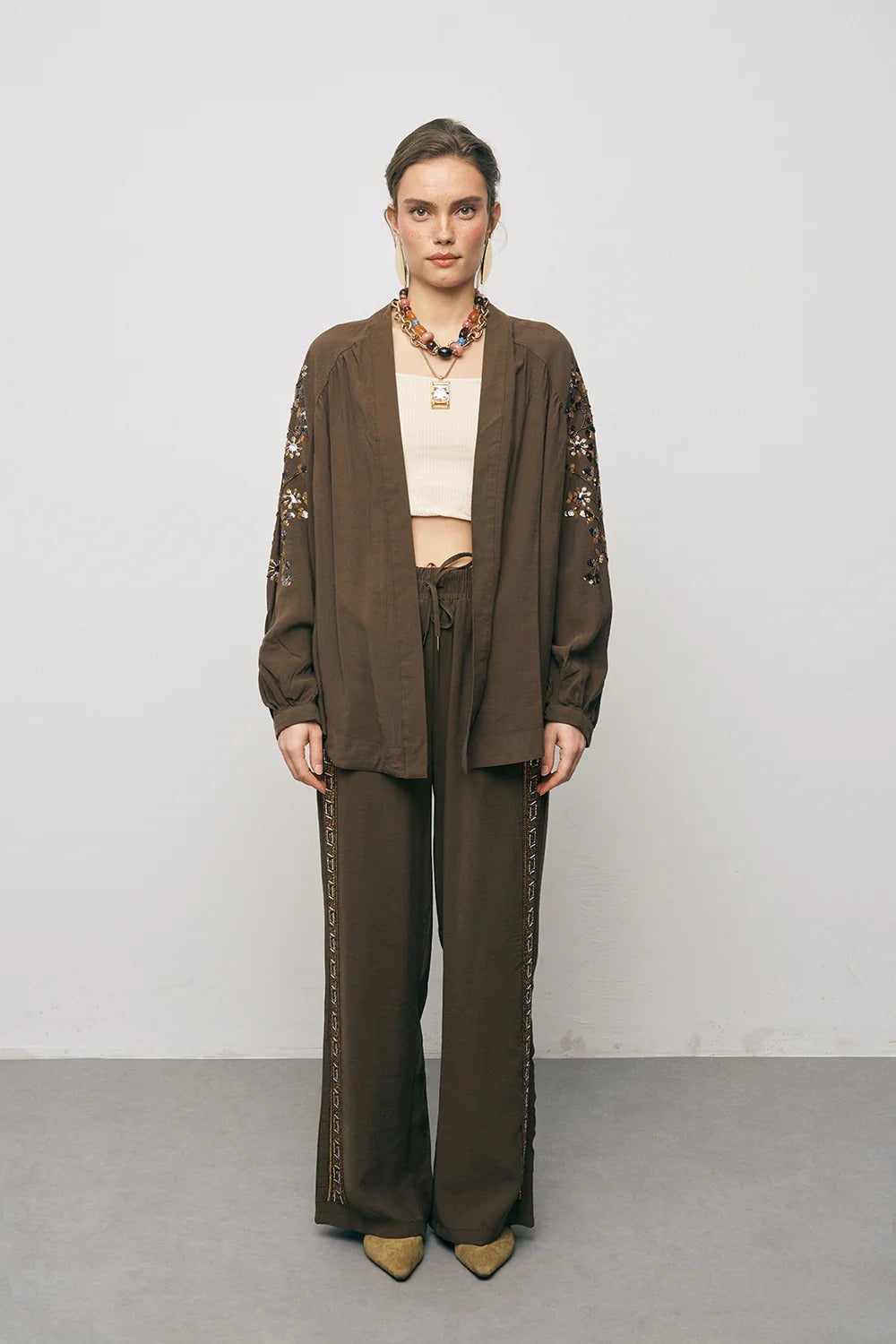 Limited Collection Elegant Sparkle Sequin & Beaded Oversized Kimono – Brown