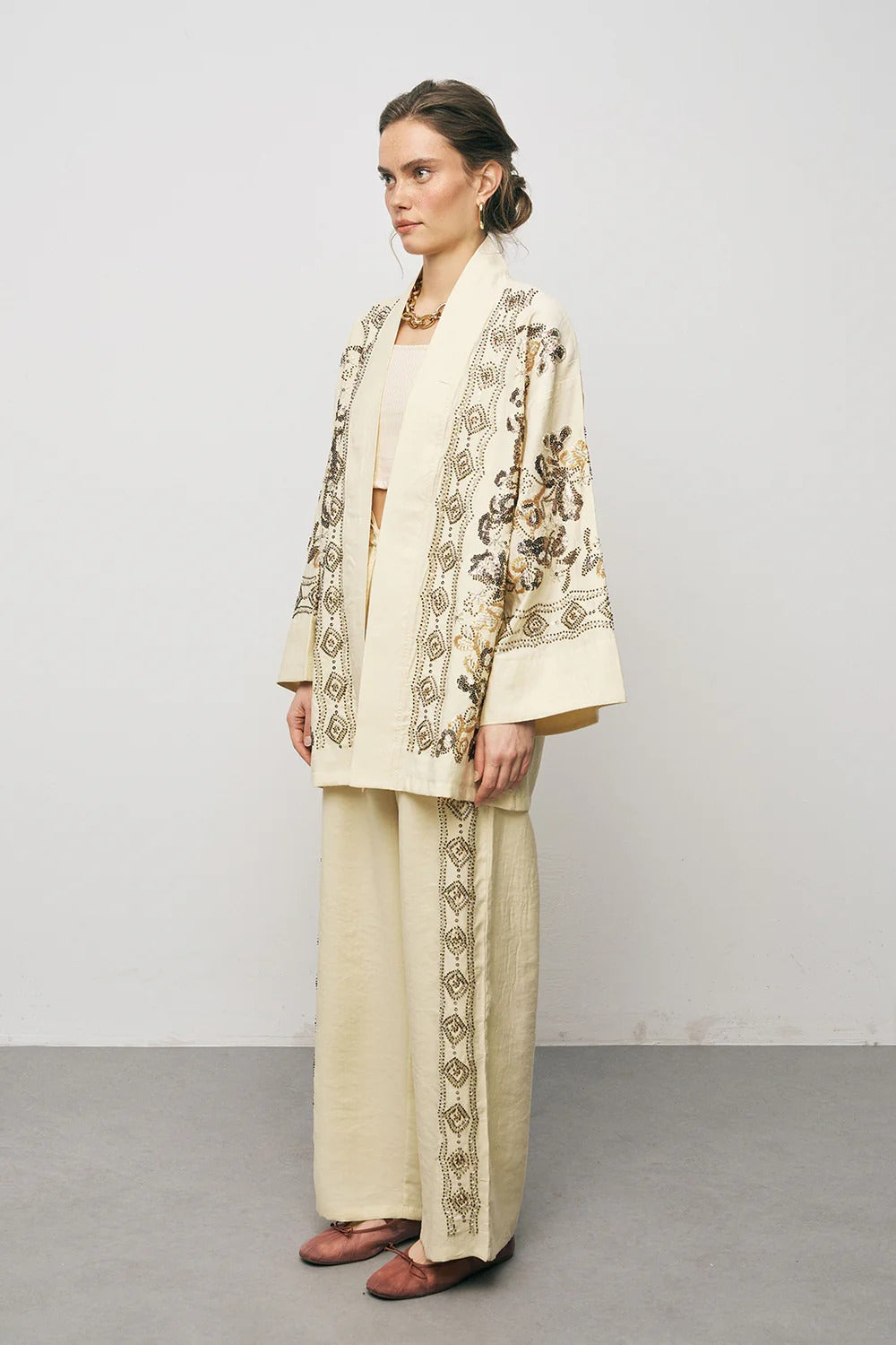 Limited Collection Ethnic Glow Beaded & Embroidered Luxury Lyocell Oversized Kimono - Yellow