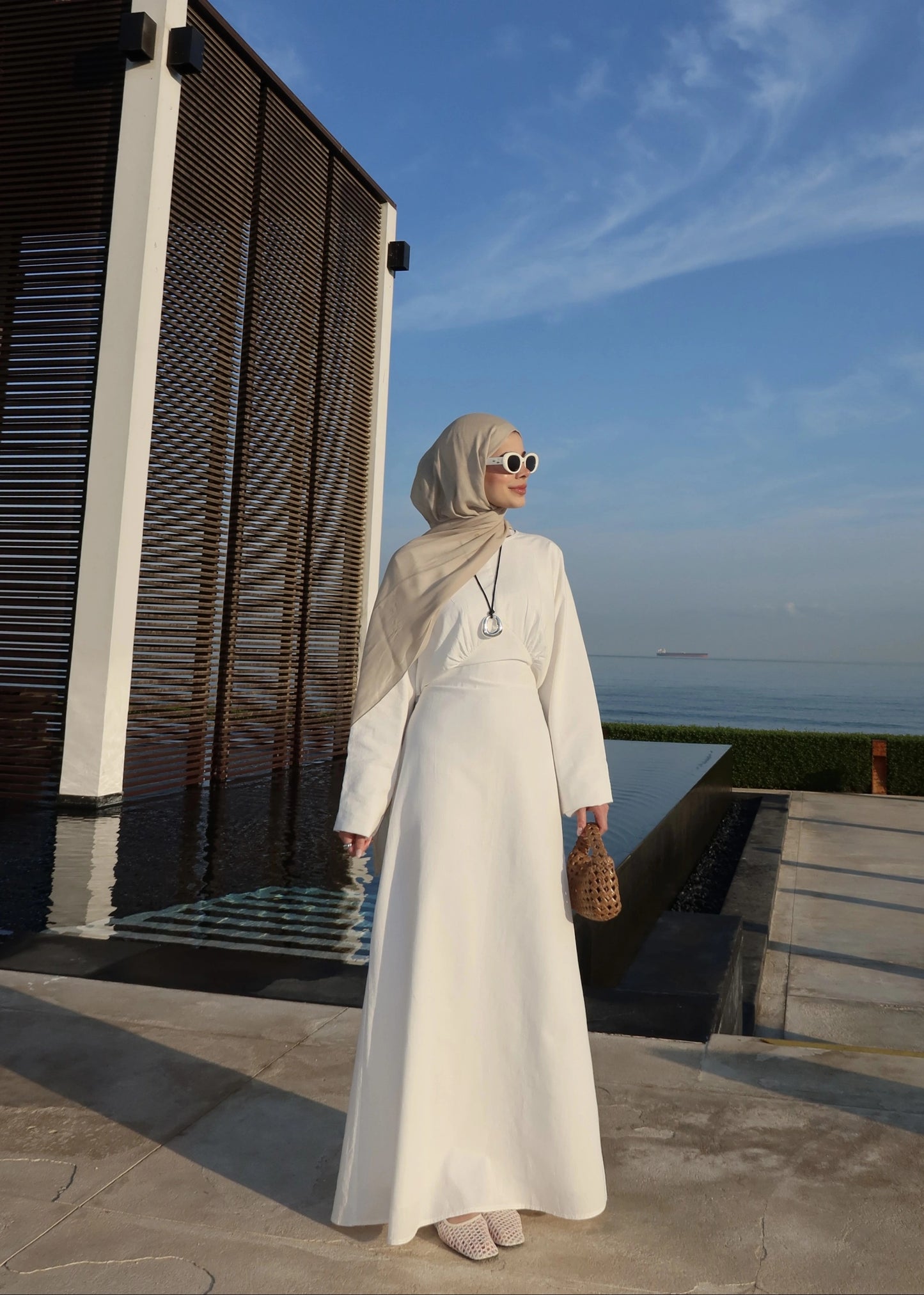 White Cotton Tie-Back Maxi Dress - Waist Detail Long Sleeve Gown