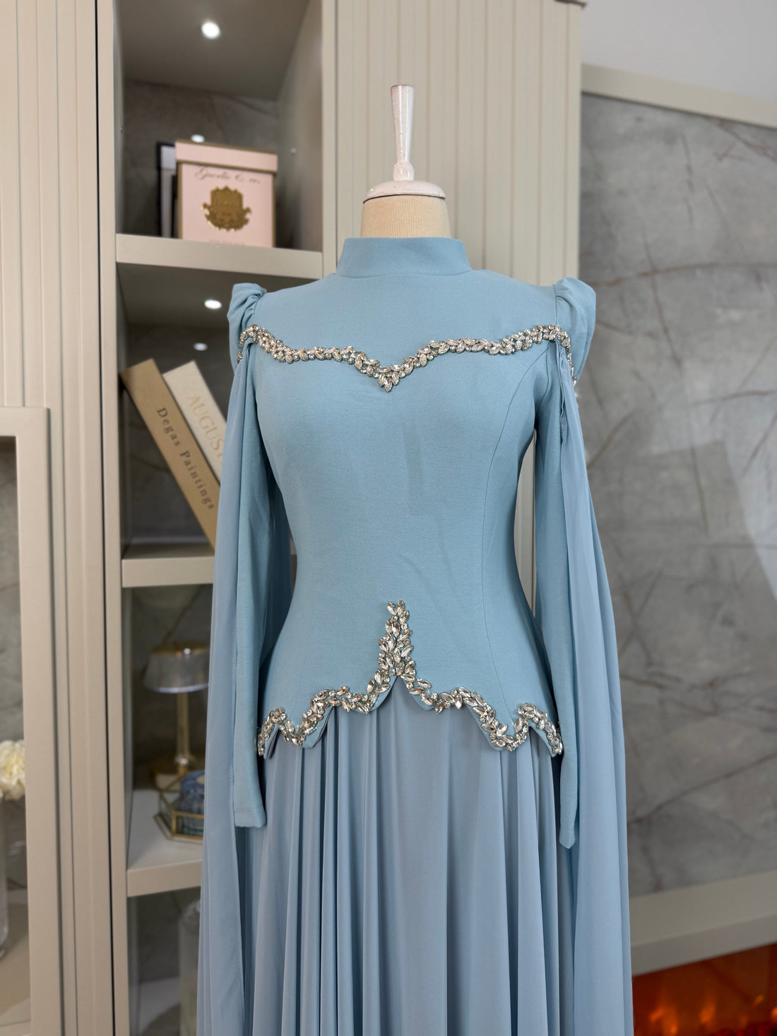 Stone-Embellished Corset Bodice Cape Sleeve Formal Dress- Blue