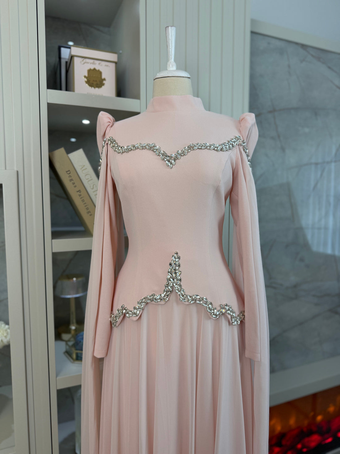 Stone-Embellished Corset Bodice Cape Sleeve Formal Dress- Poudra