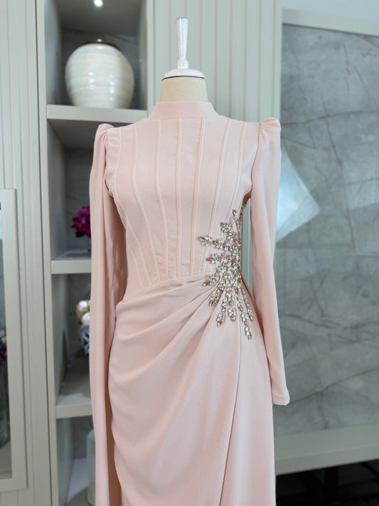 Poudra Beaded Long Sleeve Evening Gown
