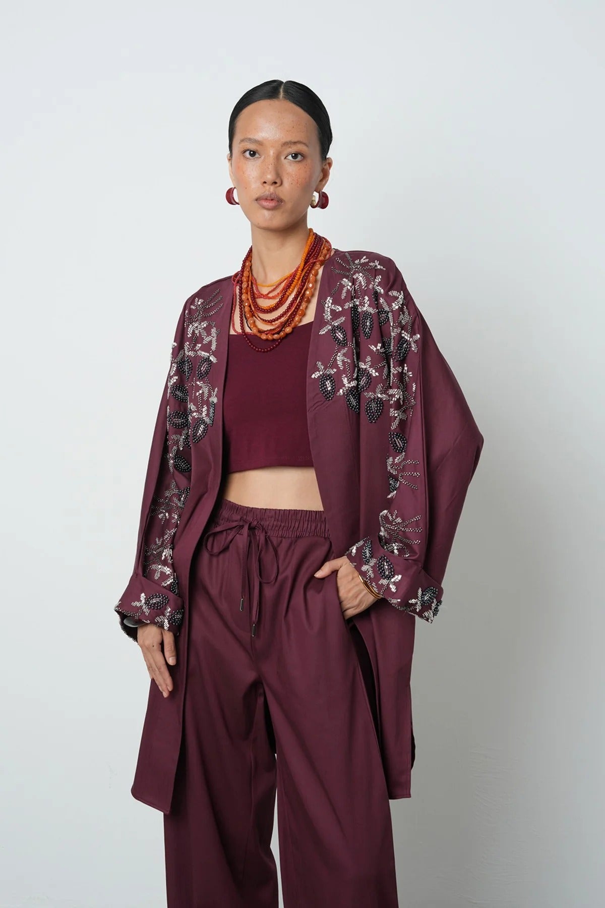Limited Collection Beaded Collar & Sleeve Detail Oversized Long Kimono – Burgundy