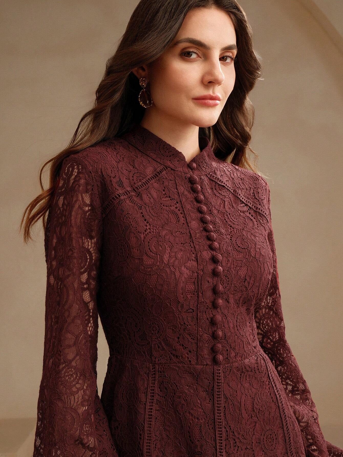 Long‑Sleeve Rose Lace Maxi Dress – Burgonya