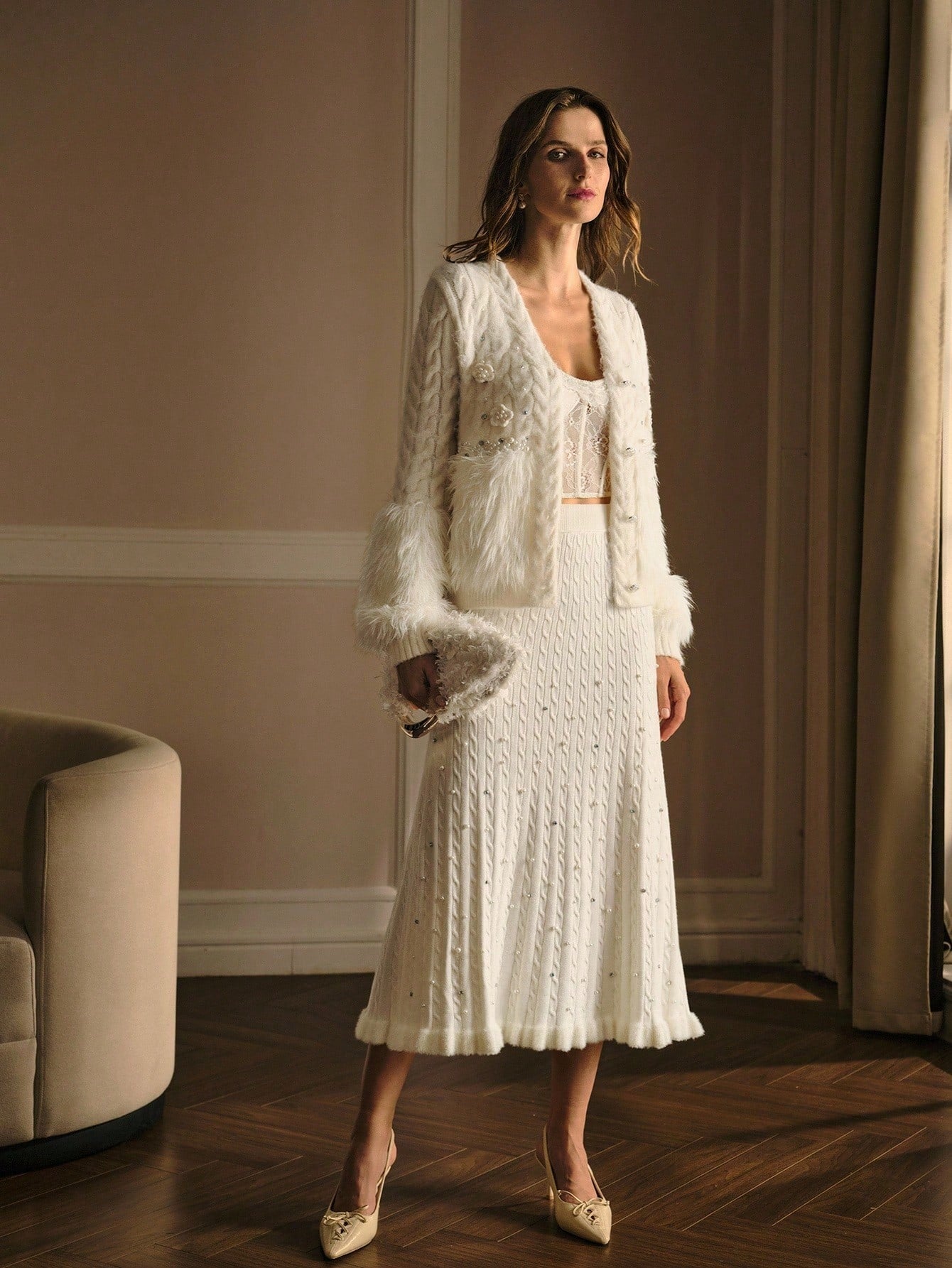 Premium Faux Pearl & Rhinestone Sweater Skirt