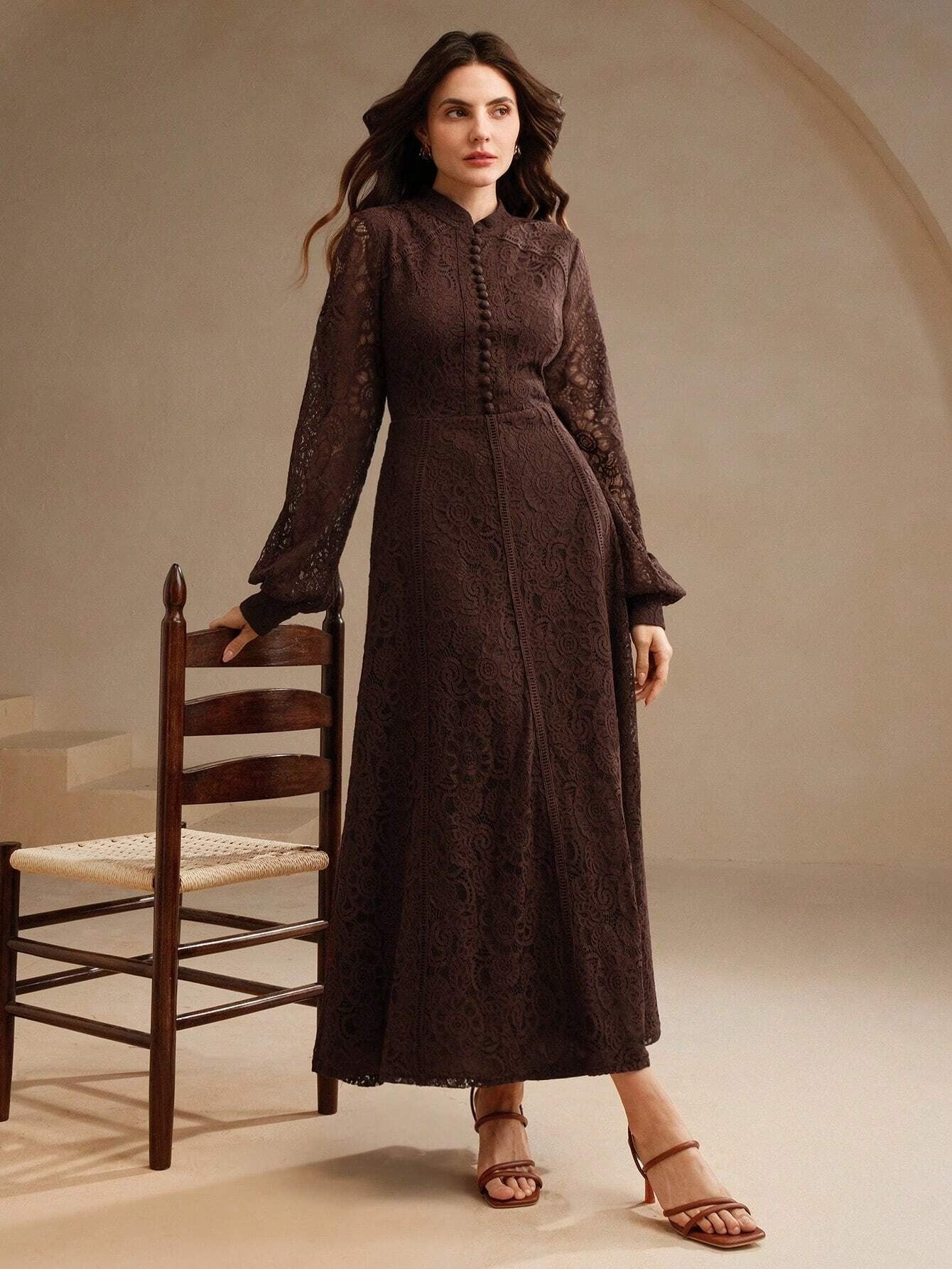 Long‑Sleeve Rose Lace Maxi Dress – Brown