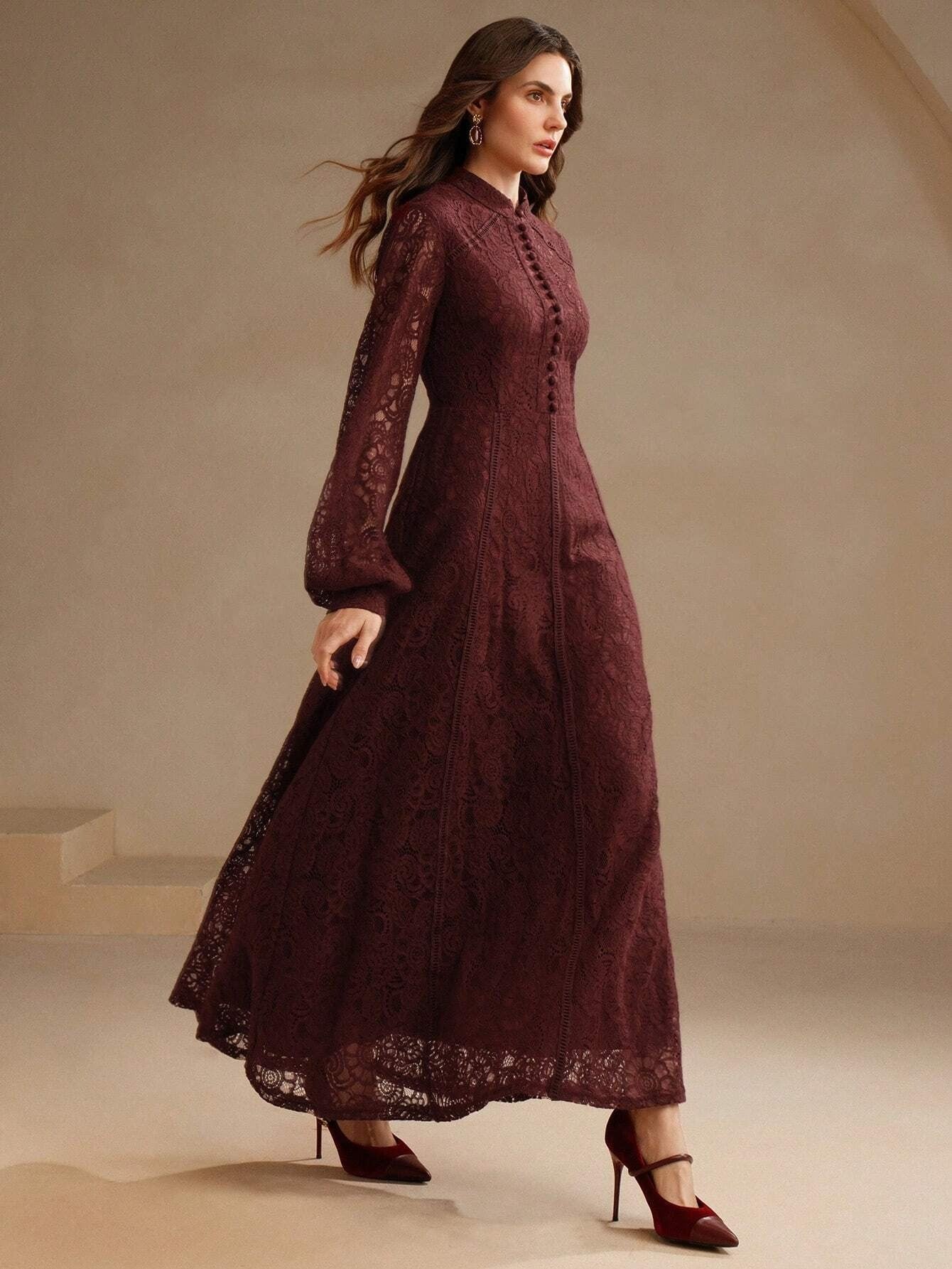 Long‑Sleeve Rose Lace Maxi Dress – Burgonya