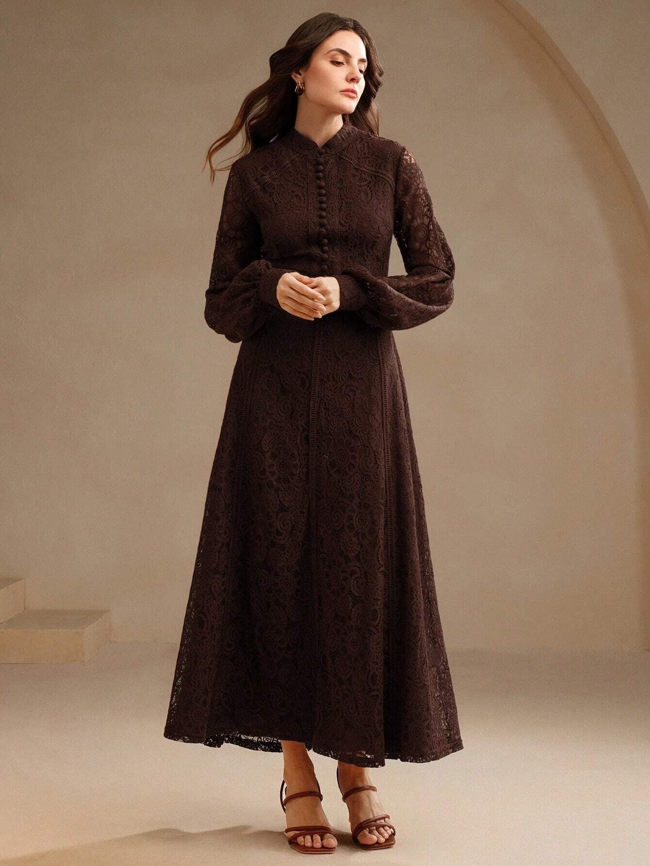 Long‑Sleeve Rose Lace Maxi Dress – Brown
