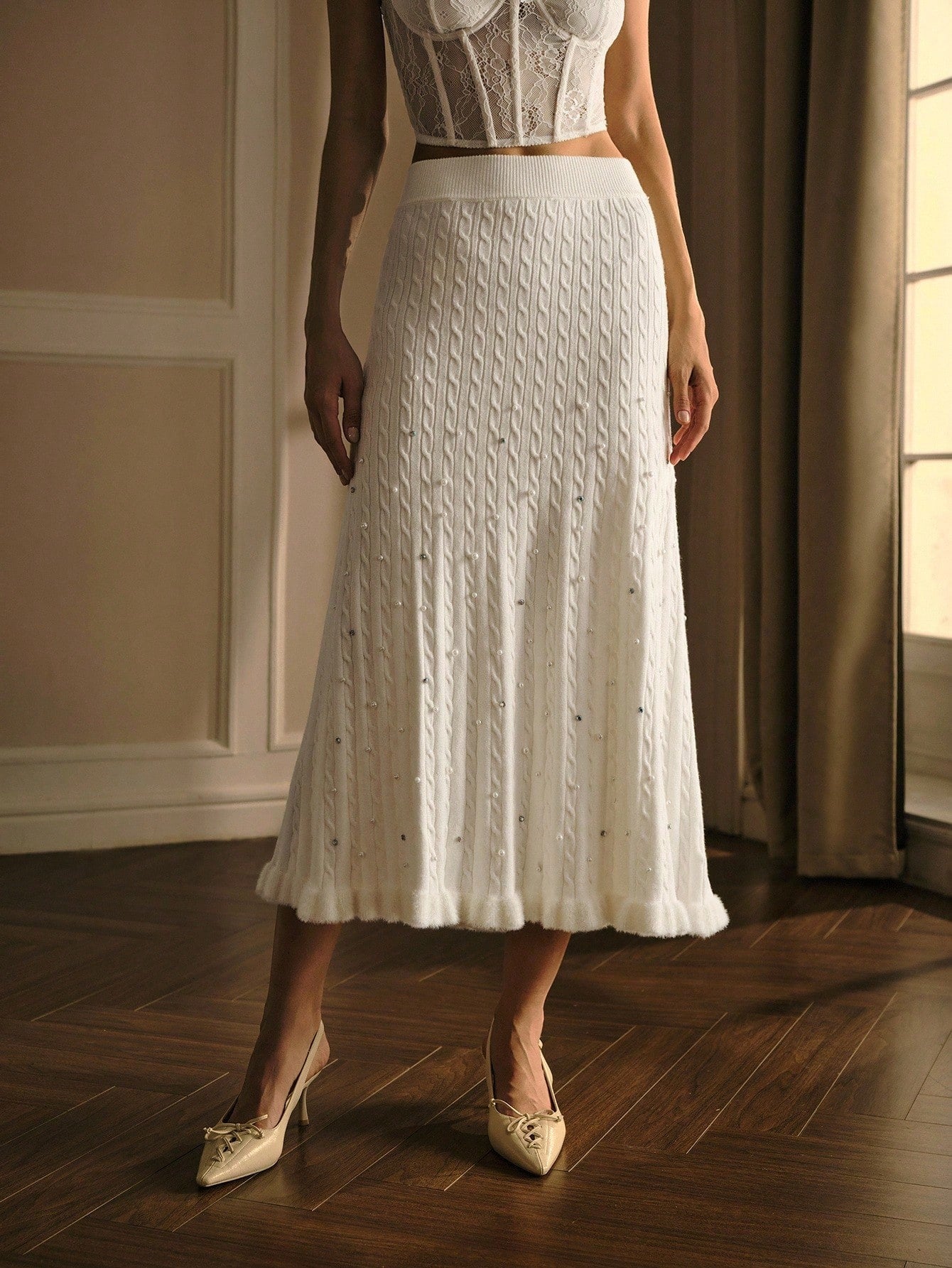Premium Faux Pearl & Rhinestone Sweater Skirt