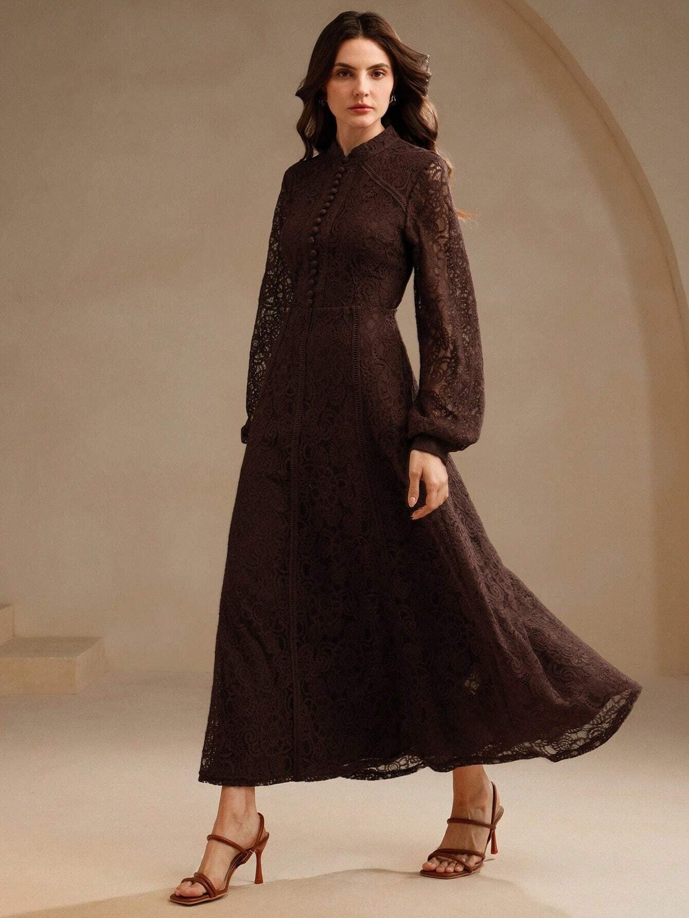 Long‑Sleeve Rose Lace Maxi Dress – Brown