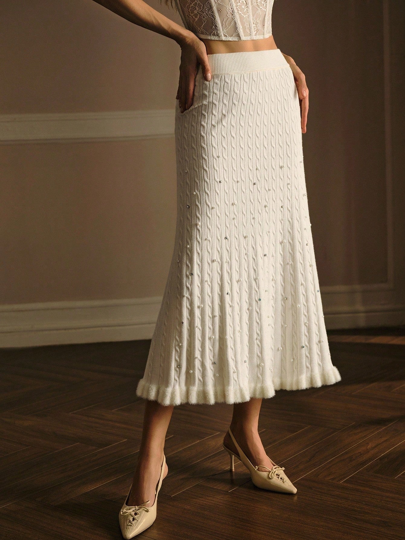 Premium Faux Pearl & Rhinestone Sweater Skirt