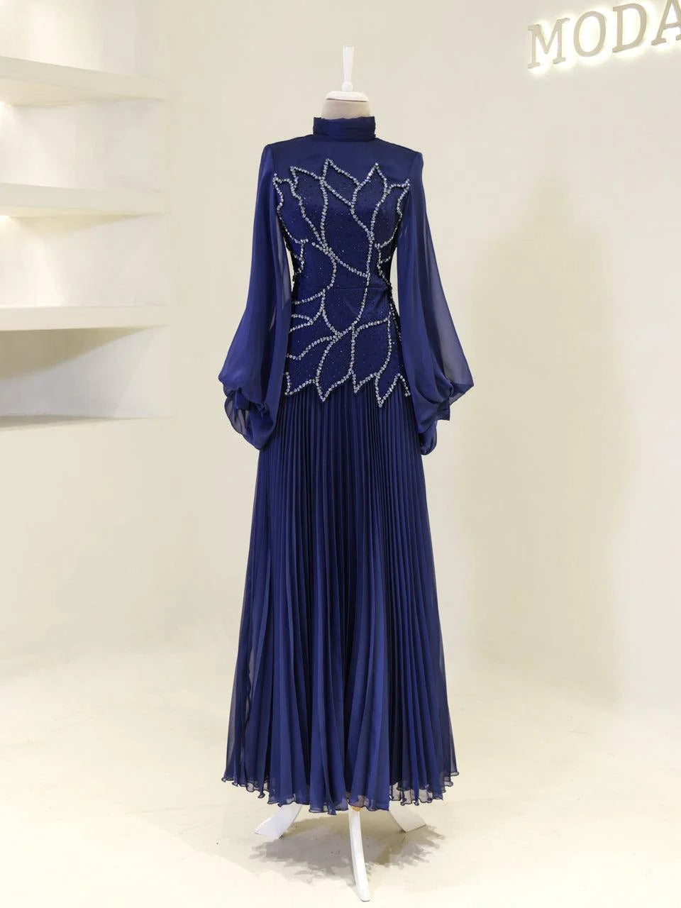 Bloomsbury Chiffon & Satin Evening Dress - Navy Blue