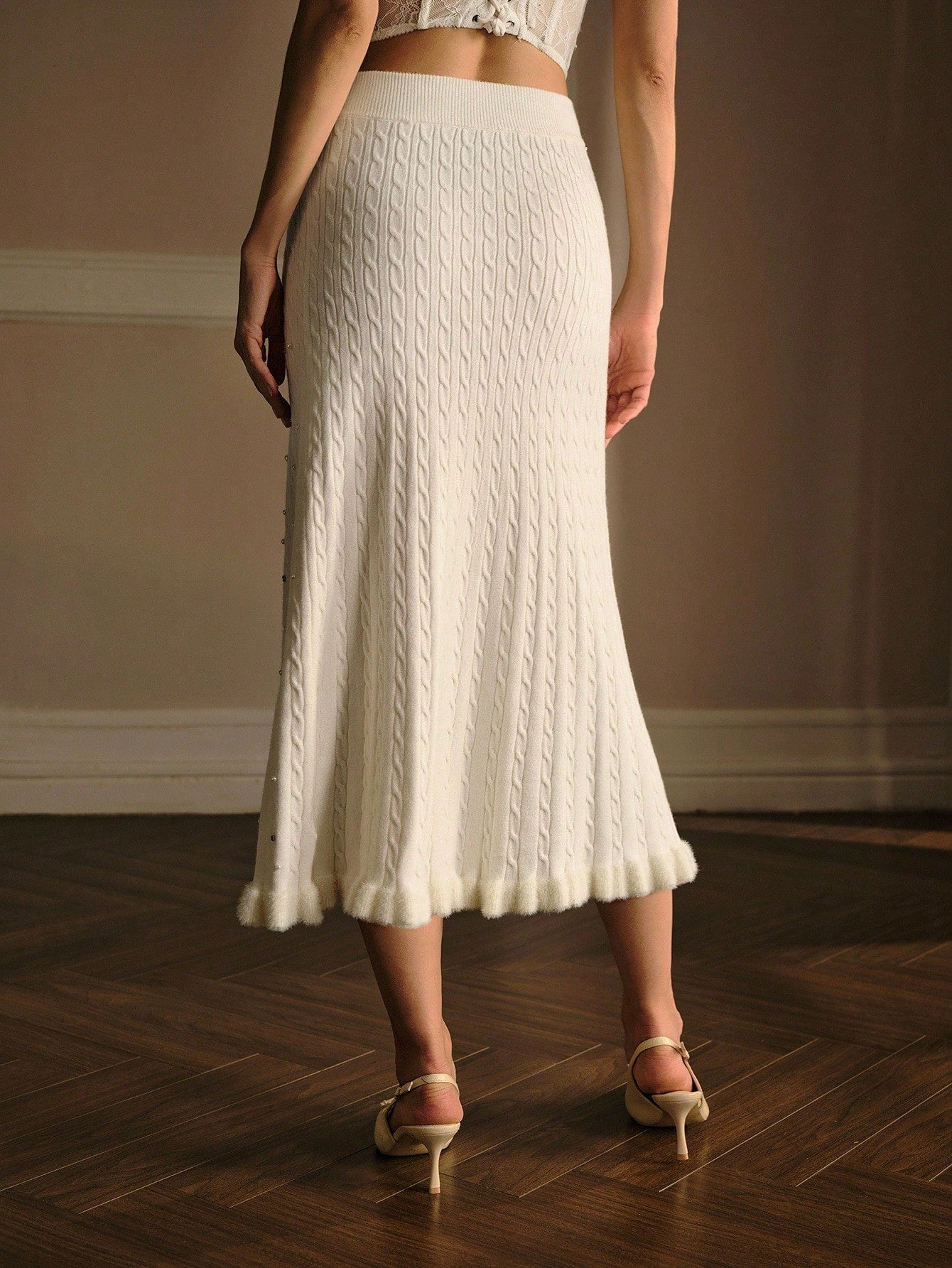 Premium Faux Pearl & Rhinestone Sweater Skirt