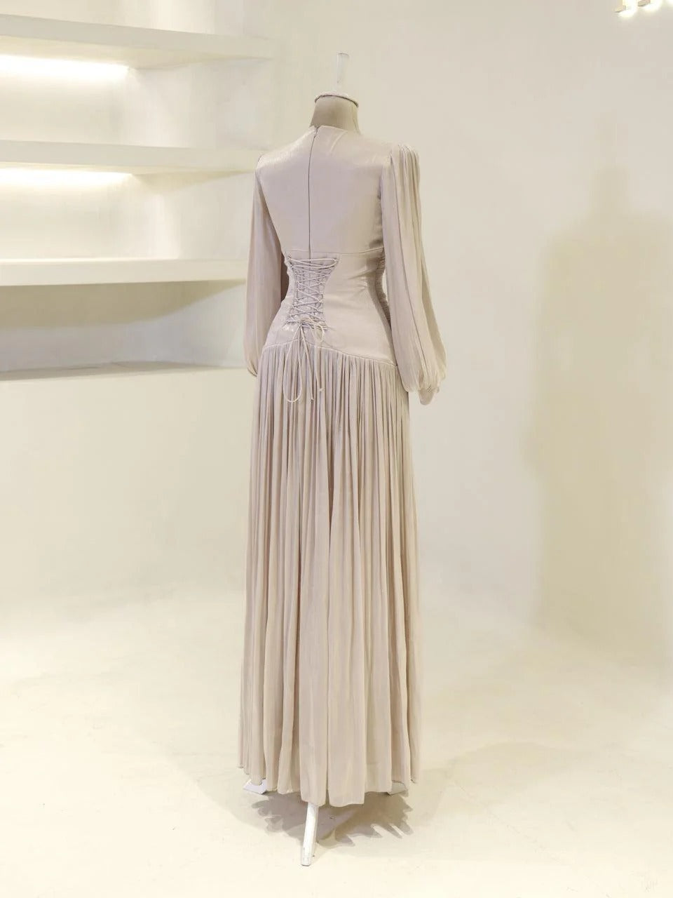 Shimmering Orchid Modest Evening Dress - Flare Pleated Gown - Beige