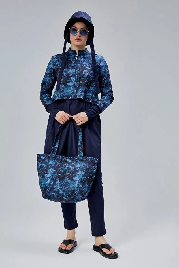 Midnight Blue Patterned Full Coverage Burkini - 3 Piece Zip-Up Swimsuit