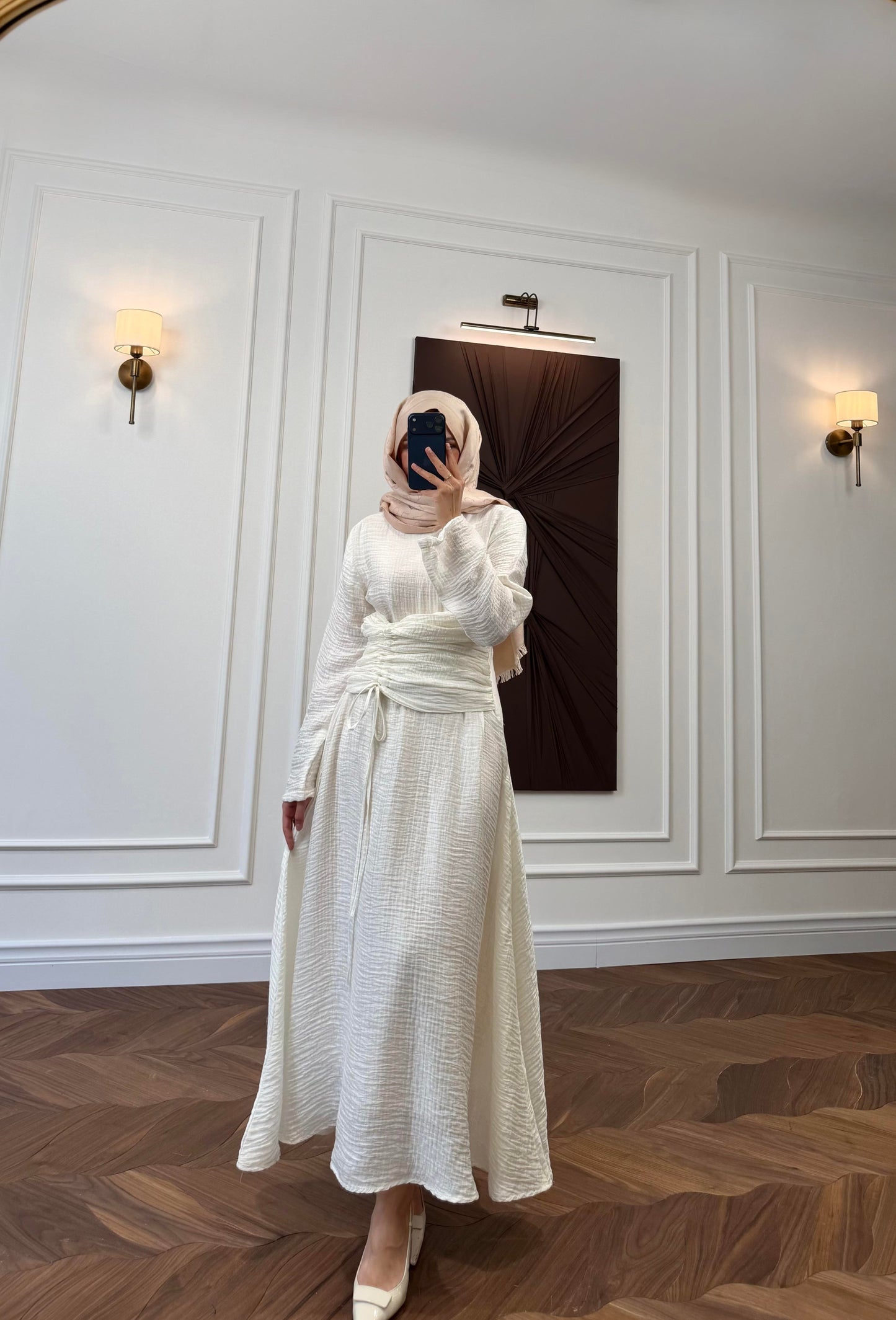 Off White Ruched Drawstring Waist Maxi Dress with Flared Sleeves