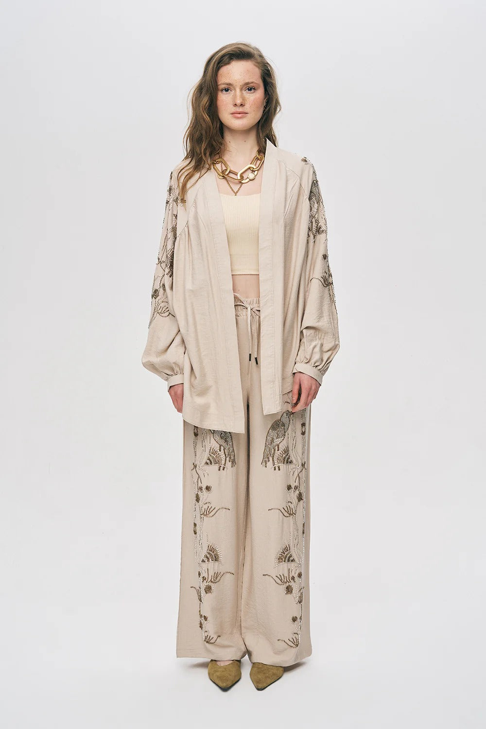 Limited Collection Oriental Bird & Floral Beaded Oversized Kimono – Light Beige