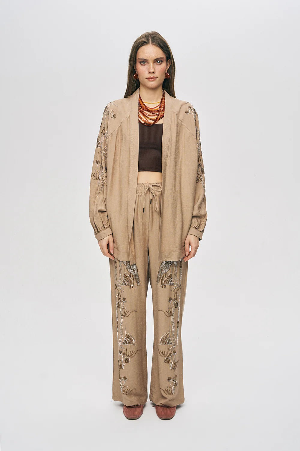 Limited Collection Oriental Bird & Floral Beaded Oversized Kimono –  Beige