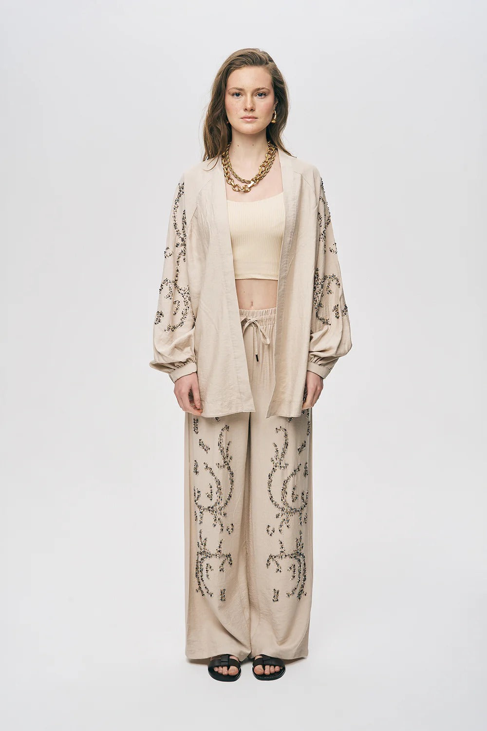 Limited Collection Sapphire Beaded Silky Viscose Oversized Kimono - Light Beige
